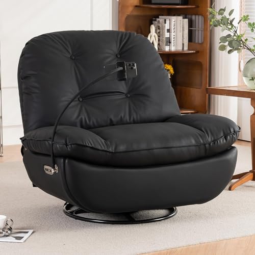 Oversized Electric Recliner with USB Ports, 360° Swivel, Rocker, Phone Stand - Black Leather
