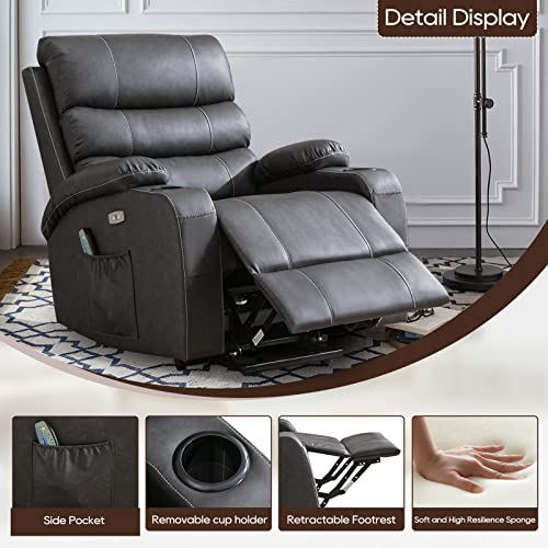 B BAIJIAWEI Power Lift Recliner Chair - Breath Leather Electric Recliner for Elderly - Heavy Duty Reclining Chair with Side Pockets, USB Charge Port & Massage Remote Control (Modern, Leather-Grey)