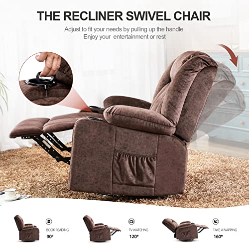 COMHOMA Recliner Chair Massage Rocker with Heated 360 Degree Swivel Lazy Boy Recliner Single Sofa Seat with Cup Holders for Living Room (Brown)