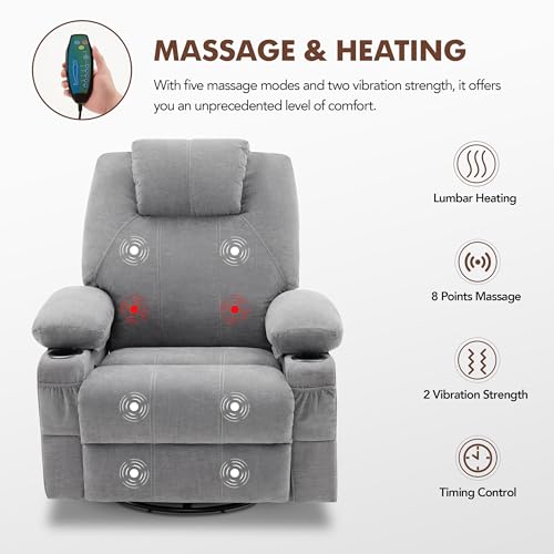 Weture Swivel Rocker Recliner Chair with Heat and Massage, 360 Degree Swivel Rocking Single Sofa with Cup Holders and USB Port, Big Oversized Recliner Chair for Living Room (Fabric, Grey)
