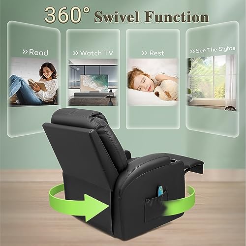 YESHOMY Swivel Rocker Recliner with Massage and Heating Functions, Sofa Chair with Remote Control and Two Cup Holders, Suitable for Living Room, PU Leather Black