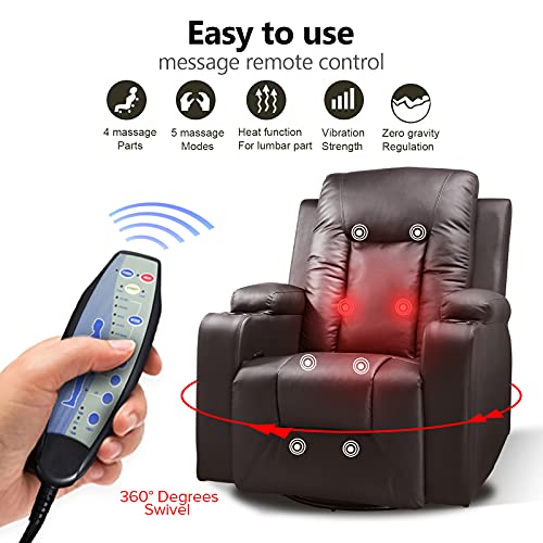 COMHOMA Recliner Chair, PU Rocking Chair for Adults, Swivel Recliner with Cup Holders, Heat and Massage, Single Sofa Seat with Side Pockets for Living Room, Bedroom (Brown)