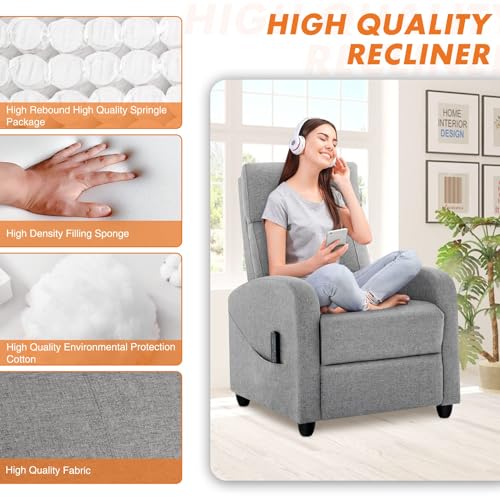 Sweetcrispy Recliner Chair for Adults, Massage Fabric Small Recliner Home Theater Seating with Lumbar Support, Adjustable Modern Reclining Chair with Padded Seat Backrest for Living Room (Deep Grey)