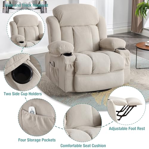 BOSMILLER Massage Recliner Chair, Swivel and Rocking Recliner with Heat and Vibration, Breathable Fabric Ergonomic Single Sofa Chair for Living Room with Cup Holders, Side Pockets and USB