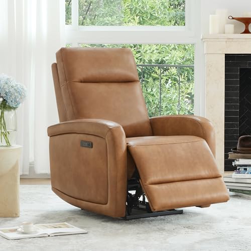 Watson & Whitely Power Recliner Chairs for Adults, Zero Wall Recliners W Power Headrest Type-C Charger, Small Faux Leather RV Recliners Home Theater Seating for Living Room, Cognac Brown