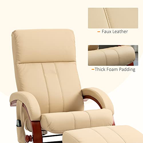HOMCOM Recliner Chair with Ottoman, Electric Faux Leather Recliner with 10 Vibration Points and 5 Massage Mode, Reclining Chair with Remote Control, Swivel Wood Base and Side Pocket, Beige