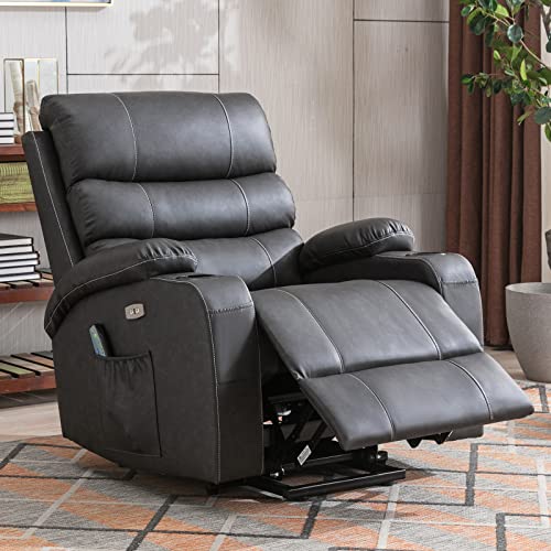 B BAIJIAWEI Power Lift Recliner Chair - Breath Leather Electric Recliner for Elderly - Heavy Duty Reclining Chair with Side Pockets, USB Charge Port & Massage Remote Control (Modern, Leather-Grey)
