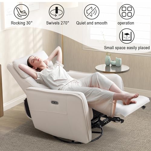 ANJ Power Rocker Recliner Chair with USB Port, Electric 270° Swivel Glider Recliners, Upholstered Leathaire Rocking Reclining Sofa Nursery Recliner for Living Room, Bedroom