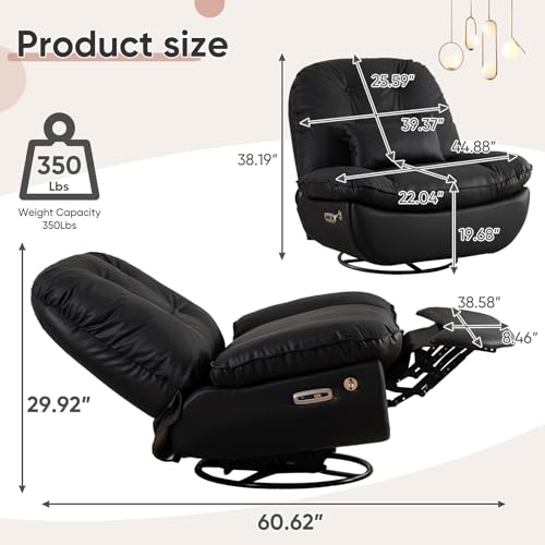 Oversized Electric Recliner with USB Ports, 360° Swivel, Rocker, Phone Stand - Black Leather