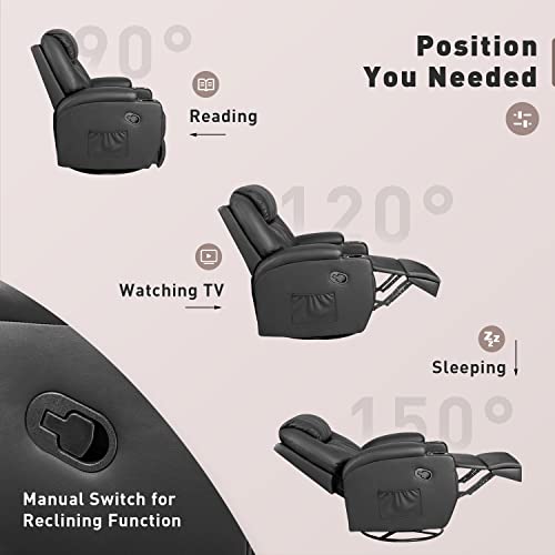 YESHOMY Swivel Rocker Recliner with Massage and Heating Functions, Sofa Chair with Remote Control and Two Cup Holders, Suitable for Living Room, PU Leather Black