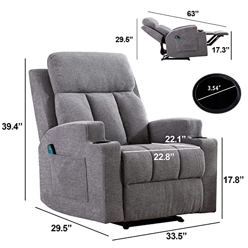 ANJ Home Manual Massage Recliner Chairs with Heat for Living Room, Overstuffed Breathable Fabric Reclining Chair with Side Pockets and Cup Holders, Single Sofa Home Theater Seating, Grey