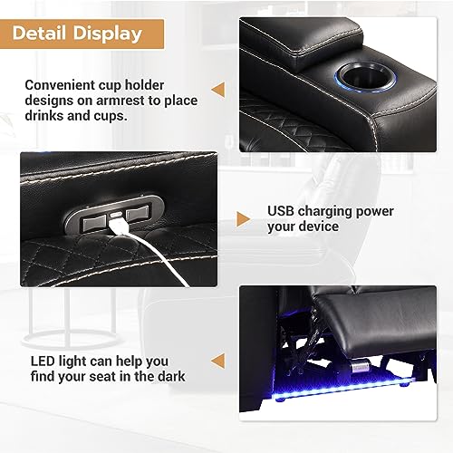 ANJ Power Home Theater Seating, PU Leather Electric Recliner Chair with Adjustable Powered Headrest, Dual Motor Movie Reclining Chairs with LED Lights,USB port, Cup Holders, Hidden Arm Storage (Black)