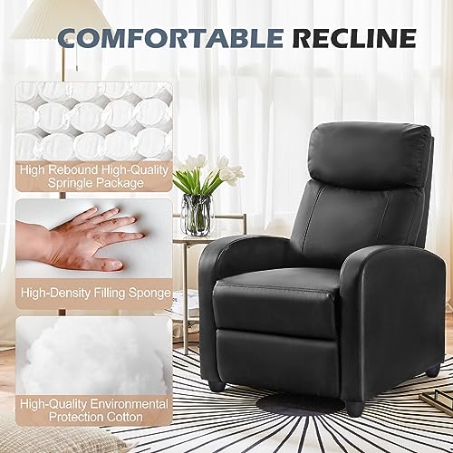 Sweetcrispy Recliner Chair for Adults, Massage PU Leather Small Recliner Home Theater Seating with Lumbar Support, Adjustable Modern Reclining Chair with Padded Seat Backrest, Living Room (Black)