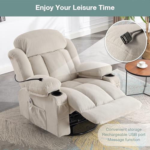 BOSMILLER Massage Recliner Chair, Swivel and Rocking Recliner with Heat and Vibration, Breathable Fabric Ergonomic Single Sofa Chair for Living Room with Cup Holders, Side Pockets and USB