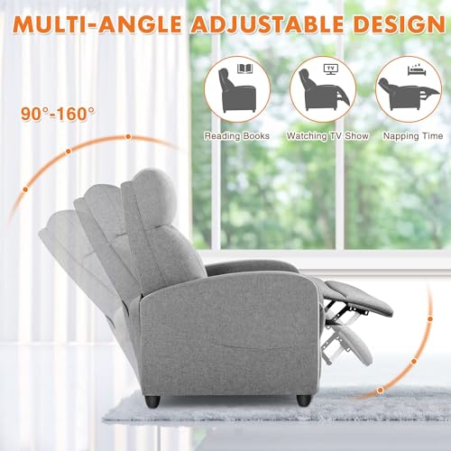 Sweetcrispy Recliner Chair for Adults, Massage Fabric Small Recliner Home Theater Seating with Lumbar Support, Adjustable Modern Reclining Chair with Padded Seat Backrest for Living Room (Deep Grey)