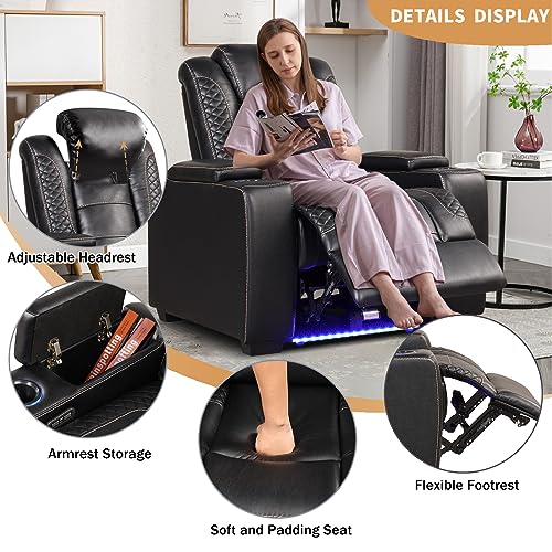 ANJ Power Home Theater Seating, PU Leather Electric Recliner Chair with Adjustable Powered Headrest, Dual Motor Movie Reclining Chairs with LED Lights,USB port, Cup Holders, Hidden Arm Storage (Black)