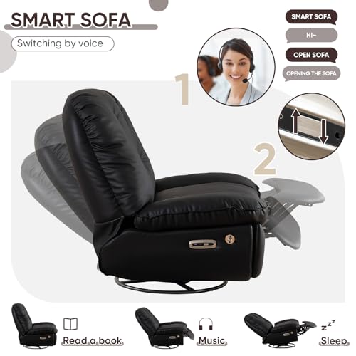 Oversized Electric Recliner with USB Ports, 360° Swivel, Rocker, Phone Stand - Black Leather