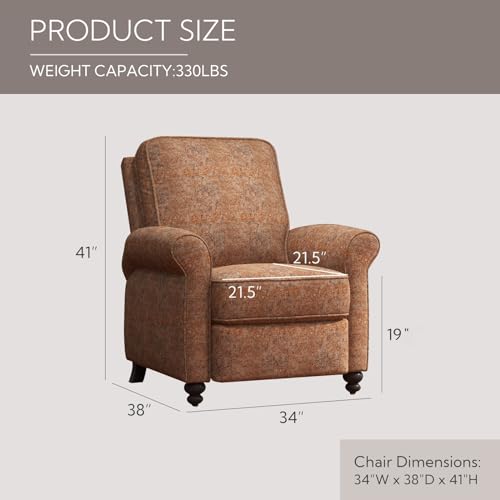 ANJ Push Back Recliner Chair, Textured Fabric Overstuffed Wingback Recliner, Adjustable Pushback Chair with Padded Seat and Back, Single Reclining Sofa for Living Room, Bedroom(Retro Brown)