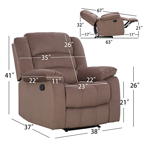 ANJ Fabric Recliner Chair with Overstuffed Arm and Back, Comfy Chocolate Manual Reclining Chairs for Adults, Living Room Single Sofa Recliners