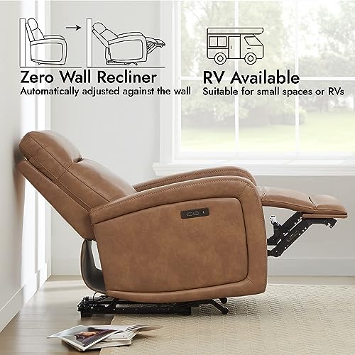 Watson & Whitely Power Recliner Chairs for Adults, Zero Wall Recliners W Power Headrest Type-C Charger, Small Faux Leather RV Recliners Home Theater Seating for Living Room, Cognac Brown