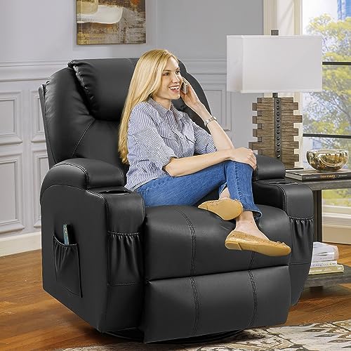 YESHOMY Swivel Rocker Recliner with Massage and Heating Functions, Sofa Chair with Remote Control and Two Cup Holders, Suitable for Living Room, PU Leather Black