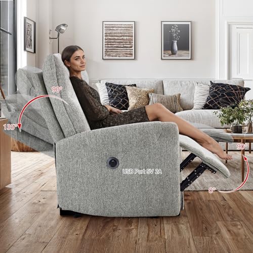 ONBRILL Recliner Chair, Electric Recliner Chairs for Adults, Power Reclining Chair with USB Port, Pocket Springs Seat Cushion, Linen Fabric Recliner Sofa for Living Room, Bedroom, Home Theater, Grey