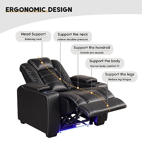 ANJ Power Home Theater Seating, PU Leather Electric Recliner Chair with Adjustable Powered Headrest, Dual Motor Movie Reclining Chairs with LED Lights,USB port, Cup Holders, Hidden Arm Storage (Black)