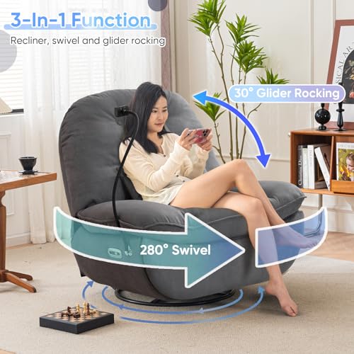 Oversized Electric Recliner with USB Ports, 360° Swivel, Rocker, Phone Stand - Black Leather