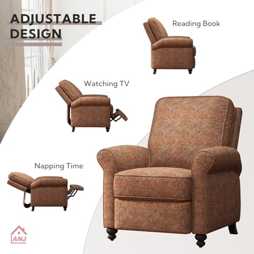 ANJ Push Back Recliner Chair, Textured Fabric Overstuffed Wingback Recliner, Adjustable Pushback Chair with Padded Seat and Back, Single Reclining Sofa for Living Room, Bedroom(Retro Brown)