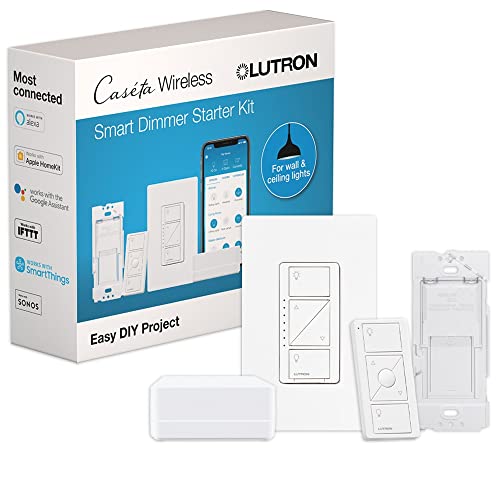 Lutron Caseta Smart Lighting Kit w/ Hub, Original Dimmer Switch, Remote & More for LED Light Bulbs, Works w/ Alexa, Apple Homekit, Google Home, No Neutral Required, Single-Pole/3-Way, P-BDG-PKG1W-A