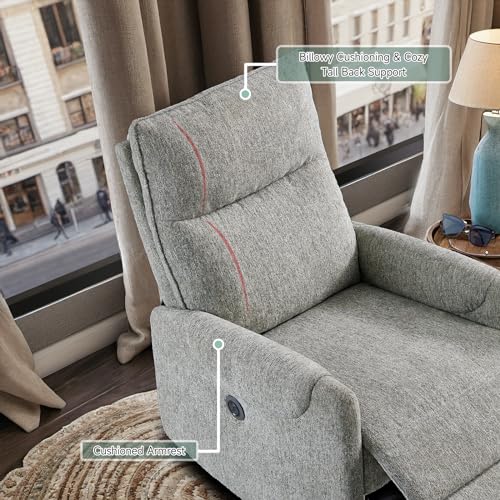ONBRILL Recliner Chair, Electric Recliner Chairs for Adults, Power Reclining Chair with USB Port, Pocket Springs Seat Cushion, Linen Fabric Recliner Sofa for Living Room, Bedroom, Home Theater, Grey