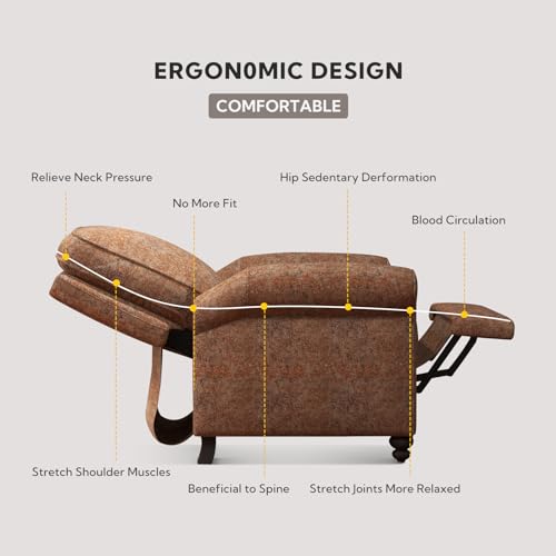 ANJ Push Back Recliner Chair, Textured Fabric Overstuffed Wingback Recliner, Adjustable Pushback Chair with Padded Seat and Back, Single Reclining Sofa for Living Room, Bedroom(Retro Brown)