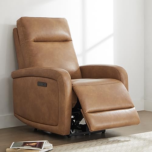 Watson & Whitely Power Recliner Chairs for Adults, Zero Wall Recliners W Power Headrest Type-C Charger, Small Faux Leather RV Recliners Home Theater Seating for Living Room, Cognac Brown