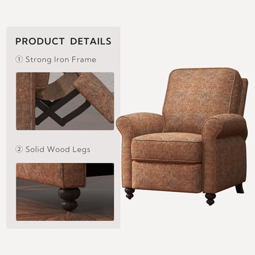 ANJ Push Back Recliner Chair, Textured Fabric Overstuffed Wingback Recliner, Adjustable Pushback Chair with Padded Seat and Back, Single Reclining Sofa for Living Room, Bedroom(Retro Brown)