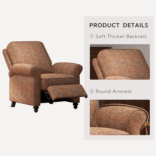 ANJ Push Back Recliner Chair, Textured Fabric Overstuffed Wingback Recliner, Adjustable Pushback Chair with Padded Seat and Back, Single Reclining Sofa for Living Room, Bedroom(Retro Brown)