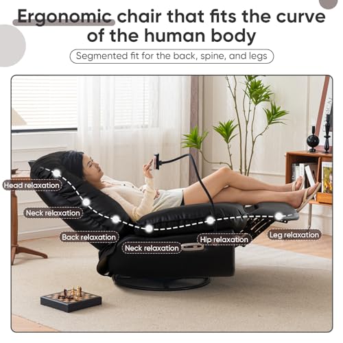 Oversized Electric Recliner with USB Ports, 360° Swivel, Rocker, Phone Stand - Black Leather
