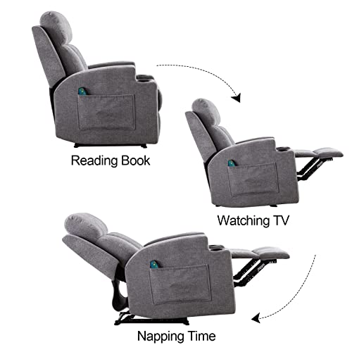 ANJ Home Manual Massage Recliner Chairs with Heat for Living Room, Overstuffed Breathable Fabric Reclining Chair with Side Pockets and Cup Holders, Single Sofa Home Theater Seating, Grey