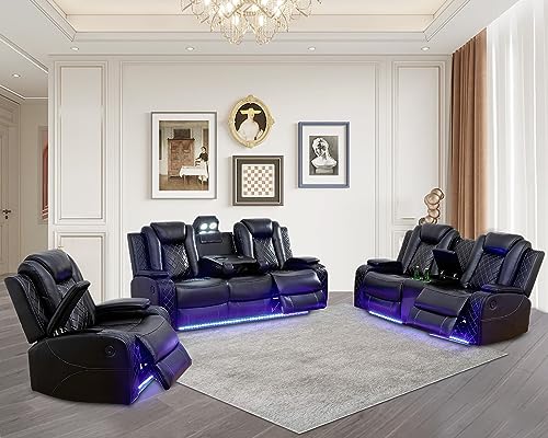 GEBADOL Power Leather Recliner Sofa Set with LED Lights,Leather Couch Set,Living Room Furniture Sets with USB Port/Storage Console/Cup Holders(Leather Sofa Set/3 Pieces Set) Black