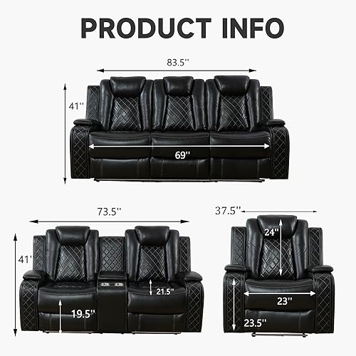 GEBADOL Power Leather Recliner Sofa Set with LED Lights,Leather Couch Set,Living Room Furniture Sets with USB Port/Storage Console/Cup Holders(Leather Sofa Set/3 Pieces Set) Black