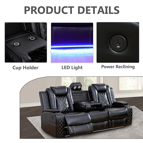 GEBADOL Power Leather Recliner Sofa Set with LED Lights,Leather Couch Set,Living Room Furniture Sets with USB Port/Storage Console/Cup Holders(Leather Sofa Set/3 Pieces Set) Black