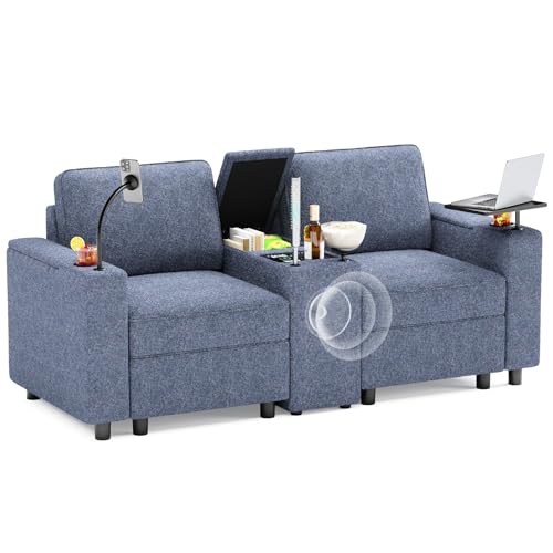 beyond SMART Lovseat, Modular Sectional Sofa, Power Conscle with Cup Holders, Bluetooth Stereo, Theater Seats with Power Grommet, Wireless Charging, Led Light for Living Room, Blue
