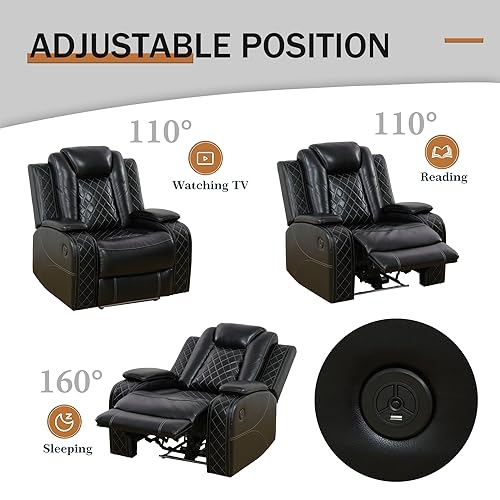 GEBADOL Power Leather Recliner Sofa Set with LED Lights,Leather Couch Set,Living Room Furniture Sets with USB Port/Storage Console/Cup Holders(Leather Sofa Set/3 Pieces Set) Black