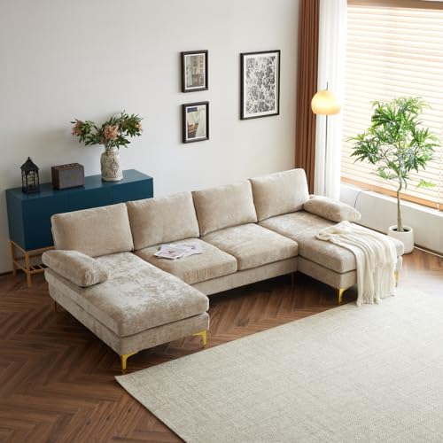 Karl home Convertible Sectional Sofa 110" U-Shape Sofa Couch 4-Seat Couch with Chaise ChenilleFabric Upholstered for Living Room, Apartment, Office, Camel
