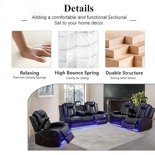 GEBADOL Power Leather Recliner Sofa Set with LED Lights,Leather Couch Set,Living Room Furniture Sets with USB Port/Storage Console/Cup Holders(Leather Sofa Set/3 Pieces Set) Black