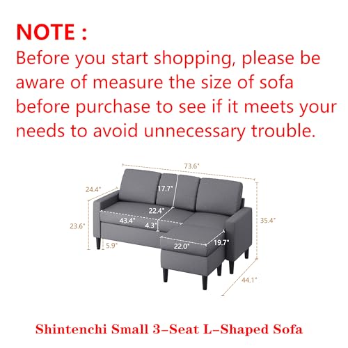 Shintenchi 74" Convertible Sectional Sofa Couch, Small 3-Seat L-Shaped Sofa with Modern Linen Fabric Upholstered, Space-Saving Sofa with Reversible Chaise for Living Room Apartment(Dark Gray)