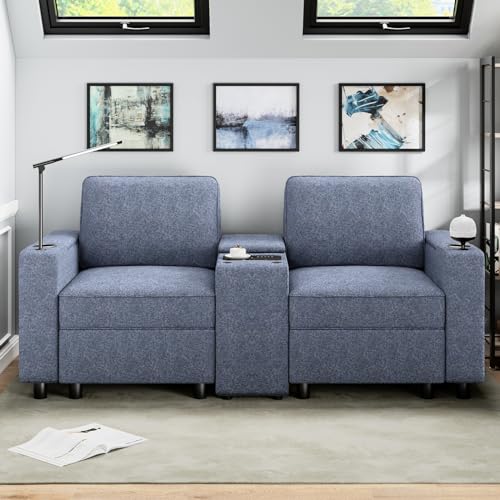 beyond SMART Lovseat, Modular Sectional Sofa, Power Conscle with Cup Holders, Bluetooth Stereo, Theater Seats with Power Grommet, Wireless Charging, Led Light for Living Room, Blue
