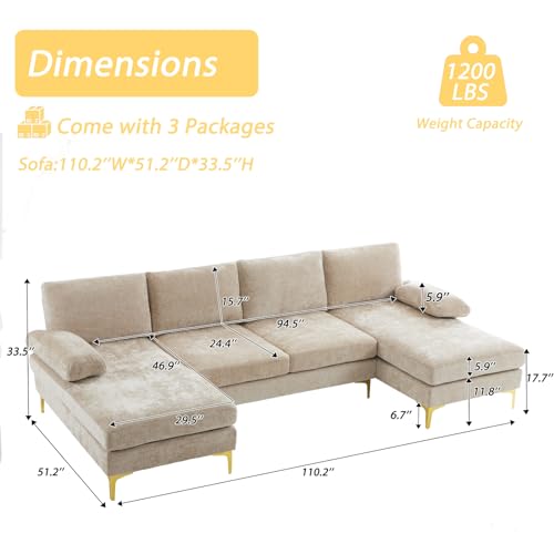 Karl home Convertible Sectional Sofa 110" U-Shape Sofa Couch 4-Seat Couch with Chaise ChenilleFabric Upholstered for Living Room, Apartment, Office, Camel