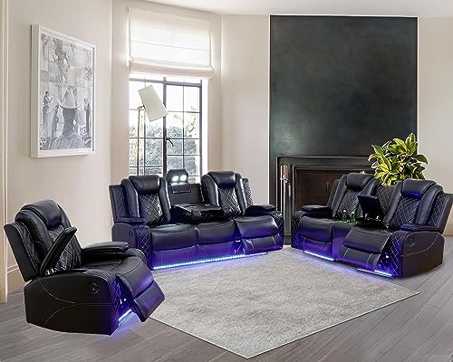 GEBADOL Power Leather Recliner Sofa Set with LED Lights,Leather Couch Set,Living Room Furniture Sets with USB Port/Storage Console/Cup Holders(Leather Sofa Set/3 Pieces Set) Black