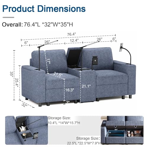 beyond SMART Lovseat, Modular Sectional Sofa, Power Conscle with Cup Holders, Bluetooth Stereo, Theater Seats with Power Grommet, Wireless Charging, Led Light for Living Room, Blue