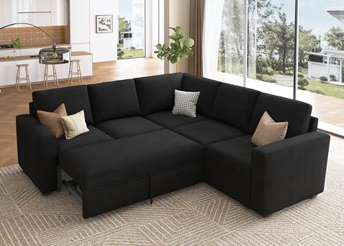 HONBAY Modular Sectional Sleeper Sofa with Pull out Bed, Velvet L Shaped Sectional Couch with Storage Seat, Convertible Sectional Couches for Living Room, Black